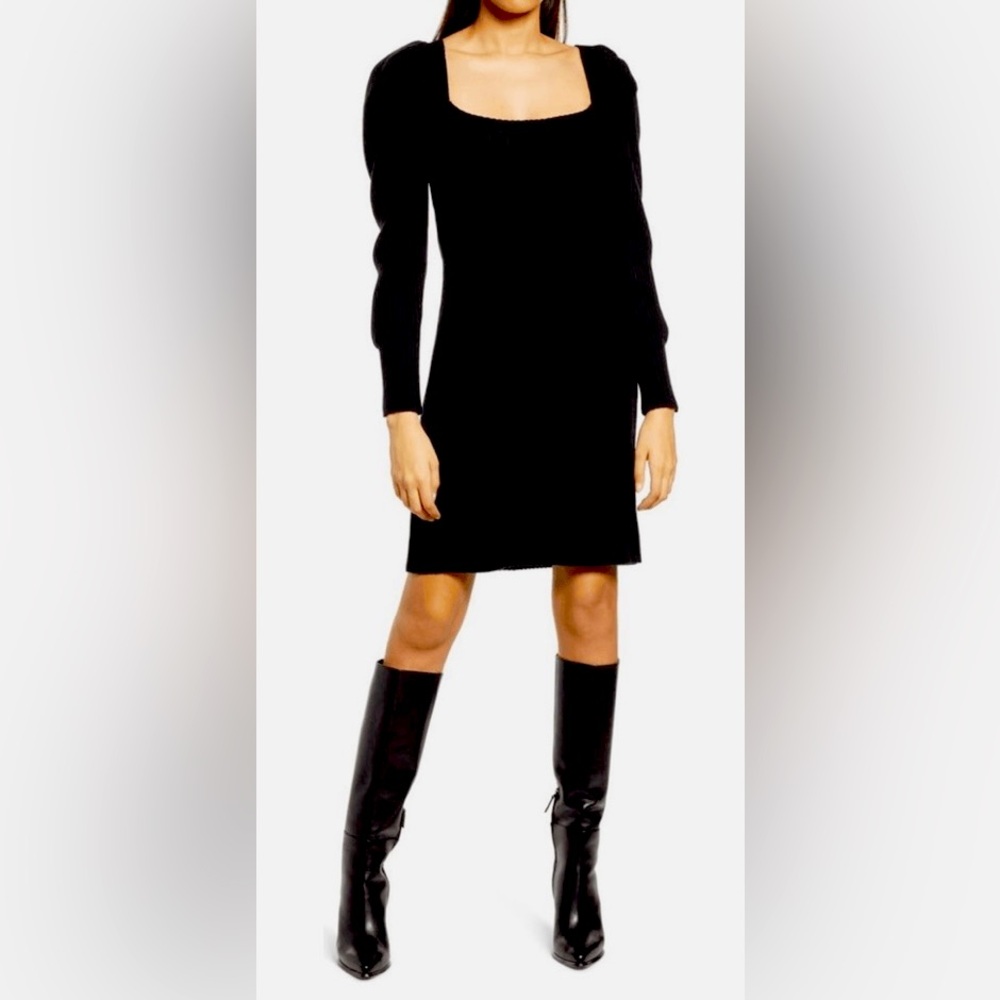 Stunning and Comfortable Black Ribbed Square Neck Tie-back Dress. New with Tag.
